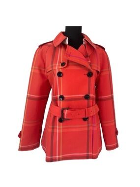 COACH ~ Red Plaid Tattersall Trench Coat w/Silver Striped Lining and Pockets